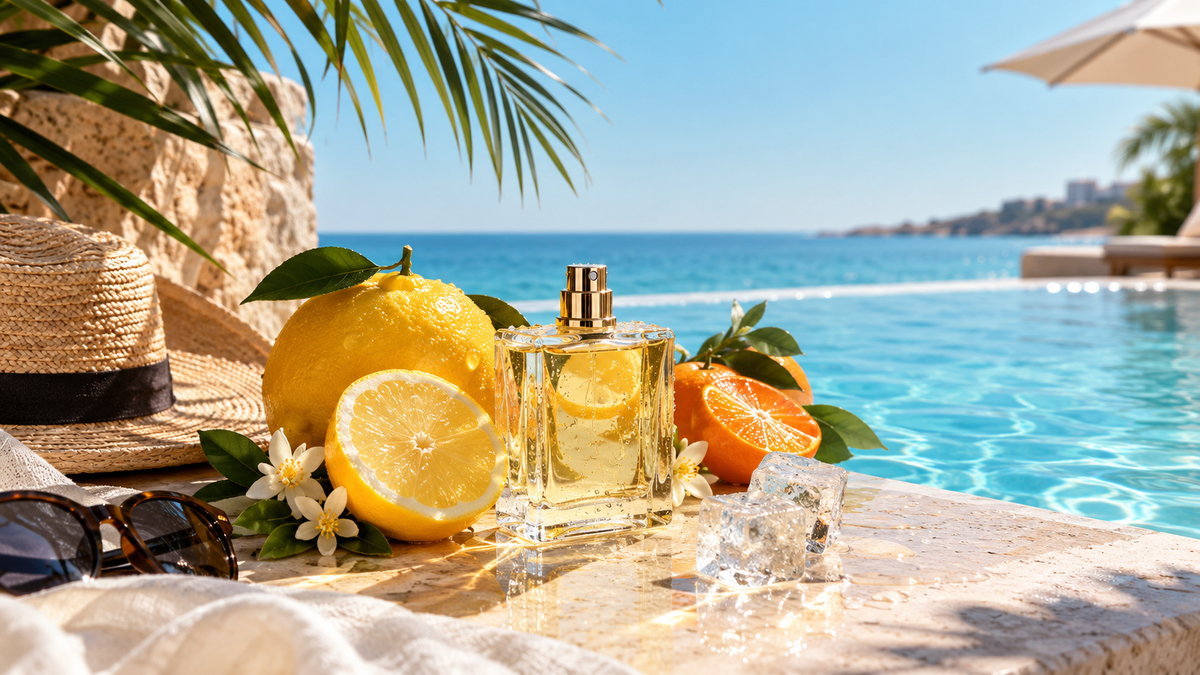 Perfume bottle with citrus fruit beside a pool on a sunny day